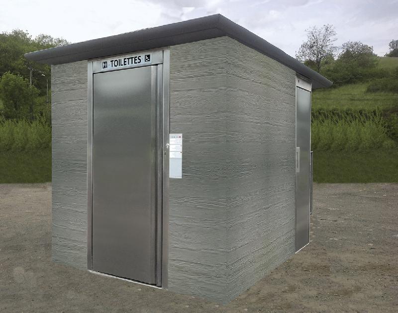 Toilette automatique - réf. 2057 - finition béton matrice aspect bois - cabine PMR et local technique_0