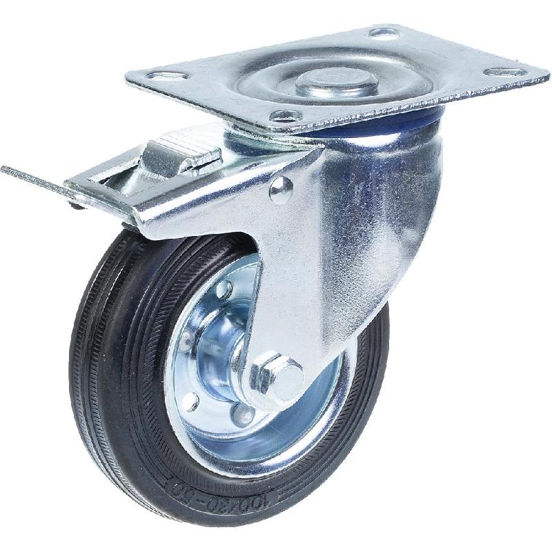Roulette pivotante/frein de 100 mm en caoutchouc noir sur roue centrale en acier embouti_0