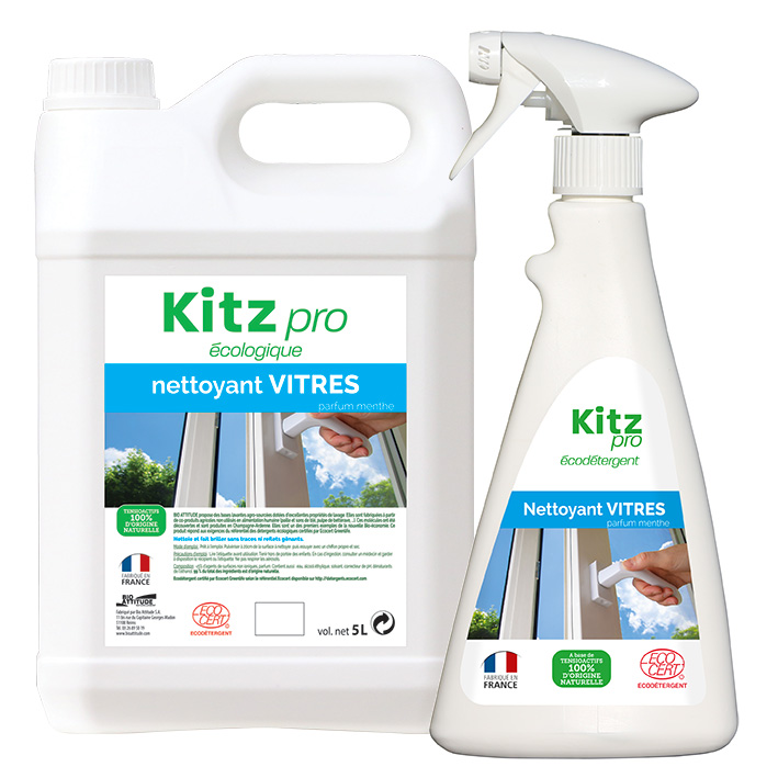 Nettoyant vitres Kitz Pro - 99% d'ingrédients naturels - Réf. B000982 et B000782 - Parfum menthe - Conditionnement 2x5L ou 6x500ml_0