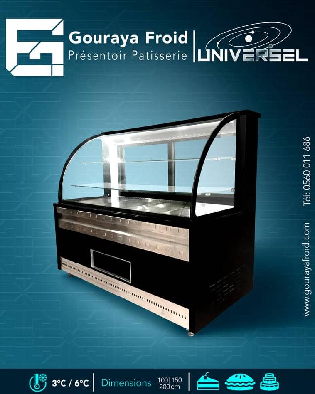 Présentoir pâtisserie réfrigéré UNIVERSEL - design élégant, réfrigération ventilée 3°C-6°C, 2 étagères en verre_0