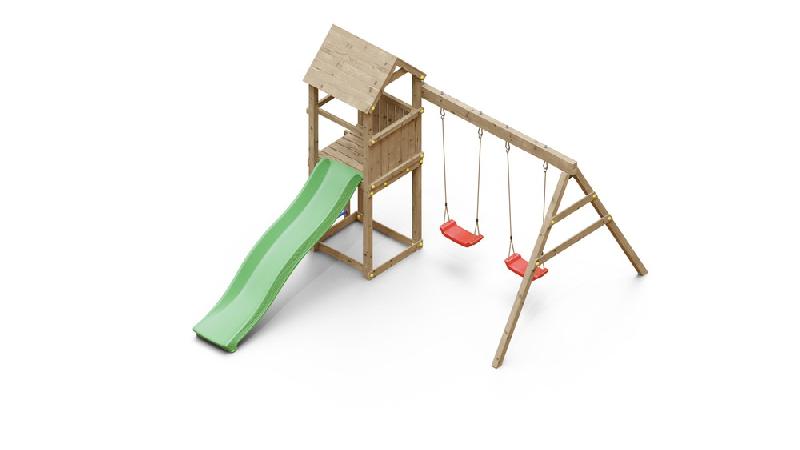 Aire de jeu extérieur en bois - 1 toboggan + 2 balançoires - 348x284x188cm - ambroise_0