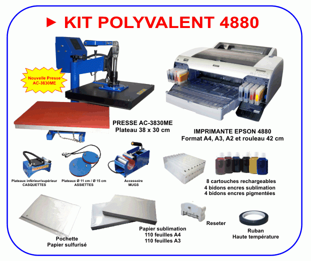 Kit polyvalent 4880 - Imprimante Epson Stylus Pro 4880 avec encres sublimation et pigmentées - Presse transfert polyvalente incluse_0