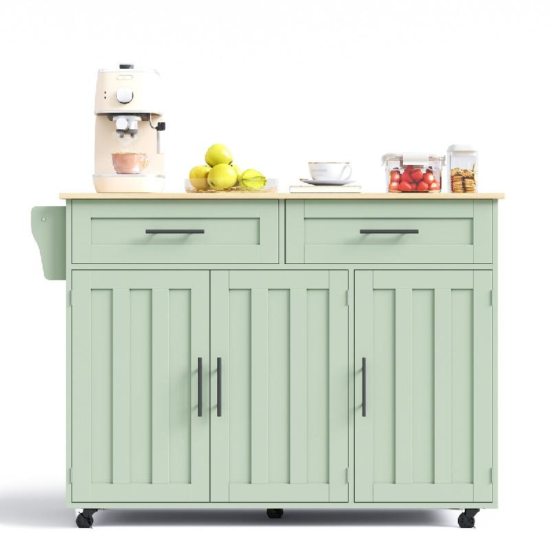 Merax Chariot de cuisine 129x46-71x91.5 cm, îlot mobile avec plan rabattable, 3 portes et 2 tiroirs, roulettes/pieds bois, vert sauge - vert Bois man_0