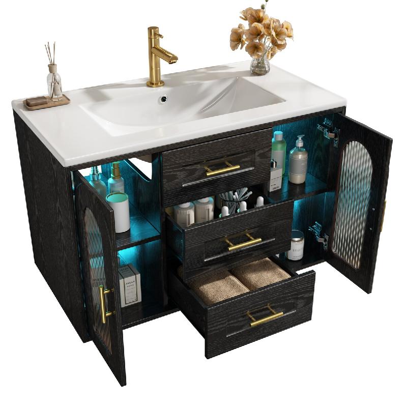 Merax meuble vasque mural 76 × 46 × 55 cm, meuble noir avec vasque céramique, LED RGB via app, 2 tiroirs et portes vitrées - noir multi-matériau_0