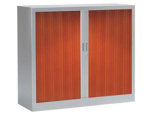 Armoire basse à rideaux bois - 1200 x 430 x 1000 mm - gris aluminium merisier - 2 étagères, 110 kg par étagère_0