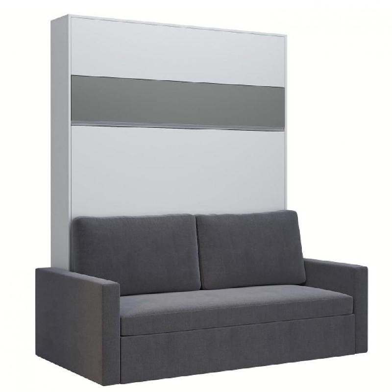 ARMOIRE LIT ESCAMOTABLE DJUKE  SOFA BLANC BANDEAU GRIS MAT CANAPÉ GRIS 160*200 CM_0