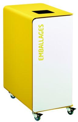 Borne de tri sélectif 90l support-sac avec roulettes sans serrure - cubatri - blanc+jaune colza - emballages - ouverture 170x170mm_0