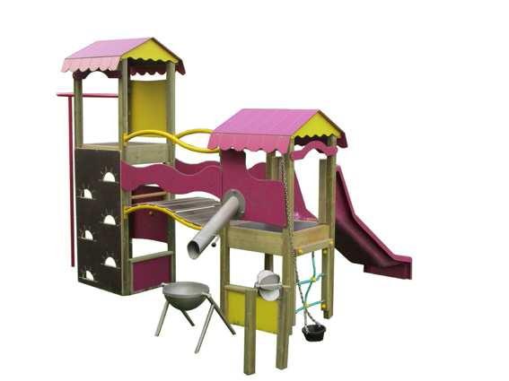 Structure de jeux pour enfants en tube inox et pin du Nord - La Playa - Tranche d'âge 2 à 8 ans, HIC 0,90 à 1,50 m_0
