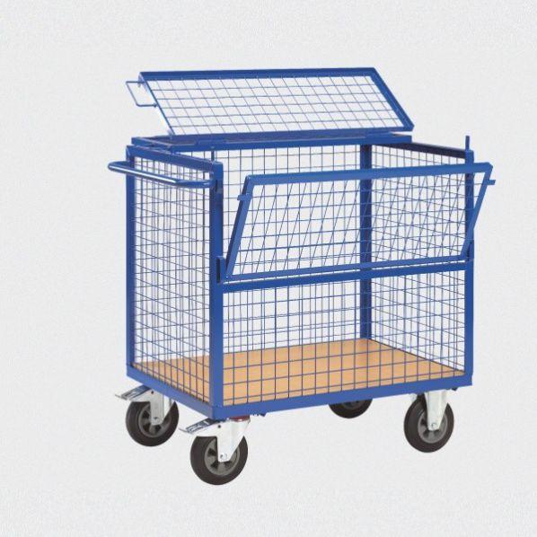 Chariot de stockage grillagé avec couvercle - Longueur 1200 mm - 4 côtés grillagés et côté rabattable - Marque Rolléco_0