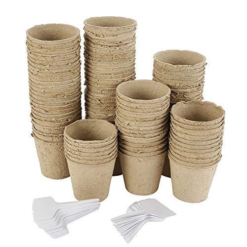 GHOPY - 100 petits pots de semis en fibre biodégradable de 6 cm avec 100 étiquettes en plastique_0