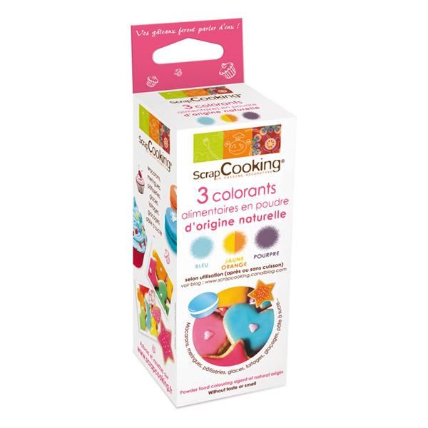 SCRAPCOOKING 3 COLORANTS ORIGINE NATURELLE POURPRE ORANGE BLEU DÉCORS GÂTEAUX