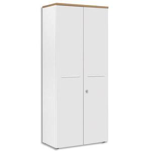 Gautier Office - Armoire haute 2 portes pleines avec serrure - Façade blanche et dessus merisier - L80 x H187 x P42 cm_0