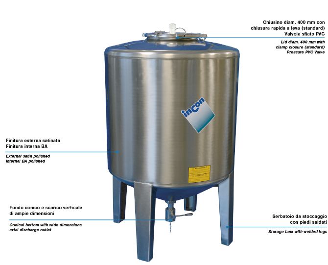 Minitank MTFC - Réservoir de stockage industriel INCON - Fond bombé avec bride centrale, tuyau coudé à 90° et vanne de vidange_0