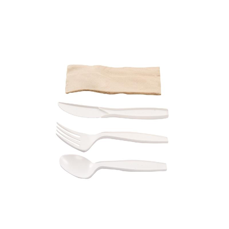 Betik Ecoline – 500 unités – Kit couverts réutilisable blanc 4 en 1 – couteau + fourchette + cuillère + serviette kraft - blanc plastique 1010832_0