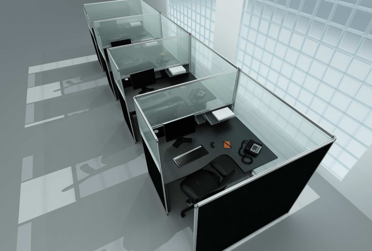 Mobilier call center semi-vitré RGIL - Petit bureau en panneaux mélaminé ou tissu, verre incolore ou fumé_0