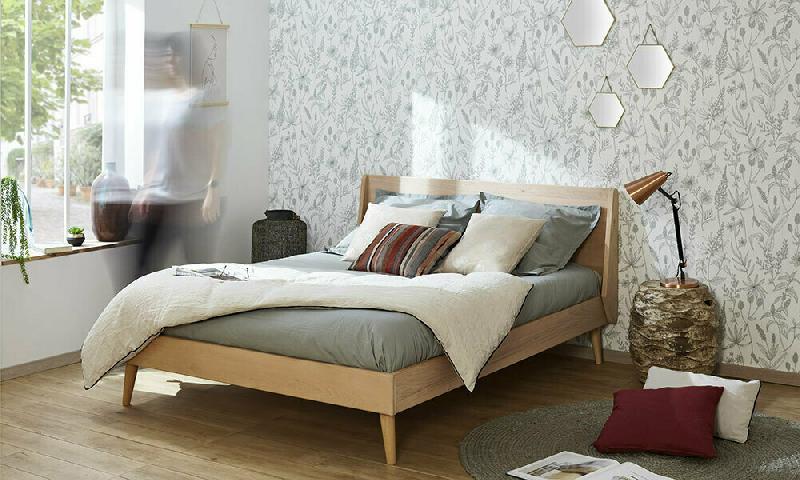 PACK LIT RIDDEL + MATELAS  BOIS NATUREL 160X200 CM
