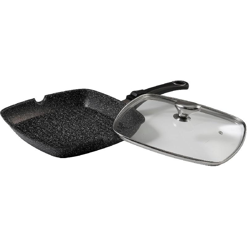 POÊLE GRILL 28 X 28CM FAÇON PIERRE FONTE D'ALUMINIUM - COUVERCLE VERRE - PRADEL EXCELLENCE - PREMIUM