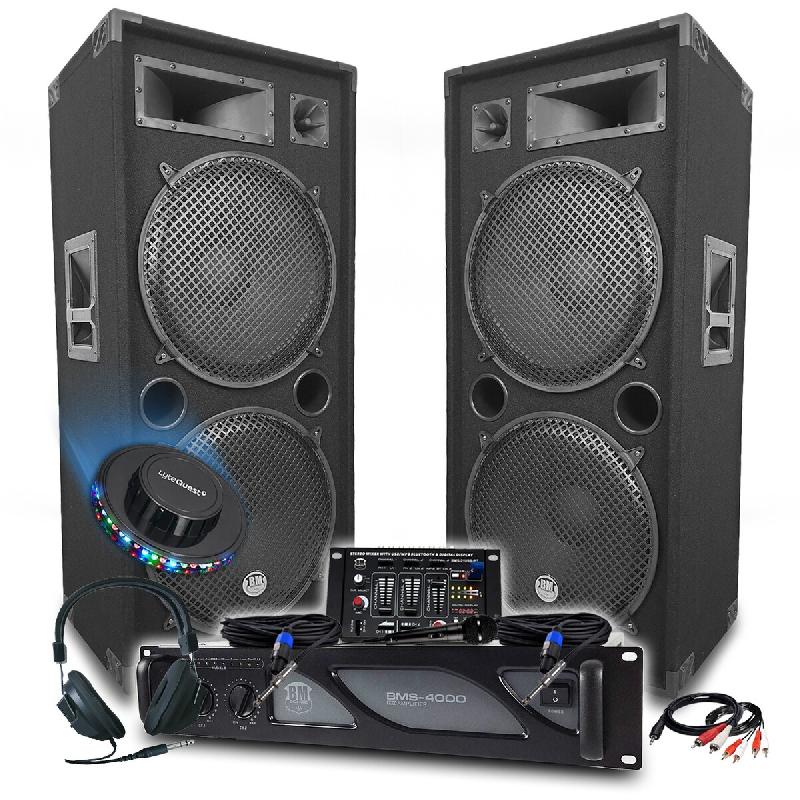 Sonorisation DJ BM SONIC Amplificateur 4000W, Paire d'Enceintes Passives LSC215 4000W, Table de Mixage, Casque DJ, Câbles, Micro - 3666638037282_0
