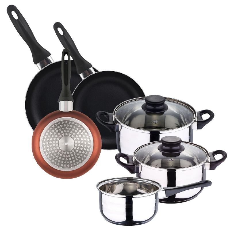WellHome - Batterie de cuisine 5pc en Acier Inoxydable avec Jeu de 3 Poêles Ø16/20/24 en Aluminium Pressé Cuivre métallisé - aluminium PK8120_0