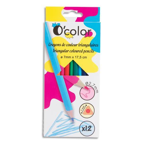 BOÎTE DE 12 CRAYONS DE COULEURS O'COLOR EN RESINE TRIANGULAIRE - DIAMETRE CRAYON 7MM, MINE 2,7MM - ASSORTIS