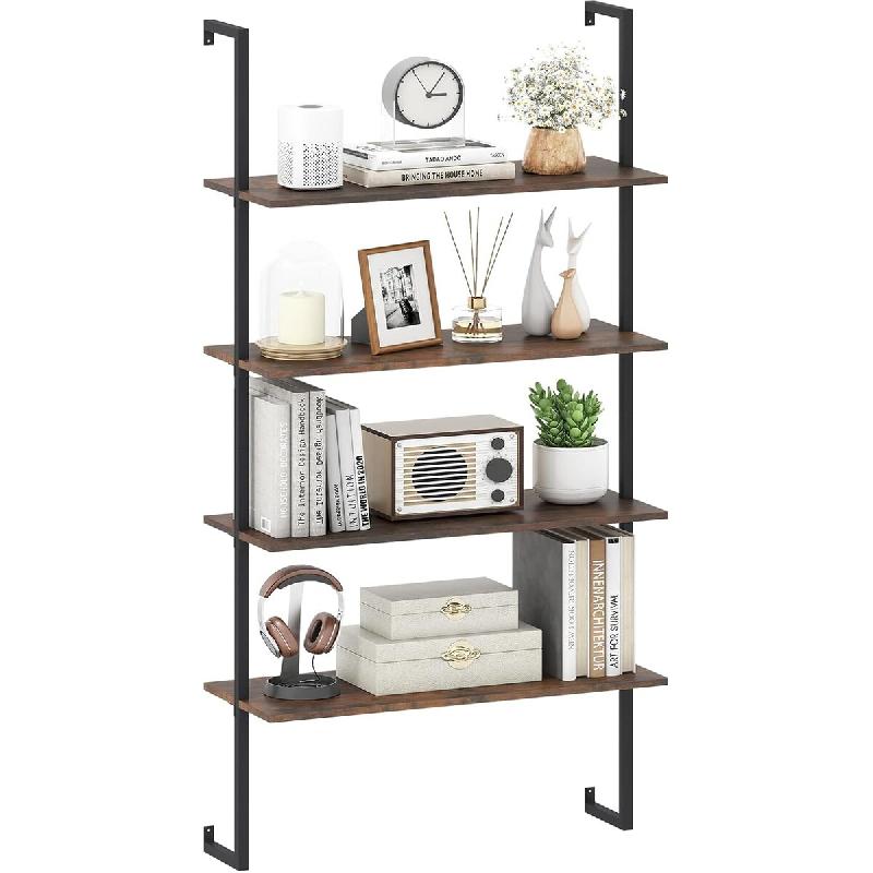 COSTWAY Étagère murale 4 niveaux, échelle suspendue au mur, en bois, pour salon, 76x30x163cm - marron Bois manufacturé VH35397OR_0