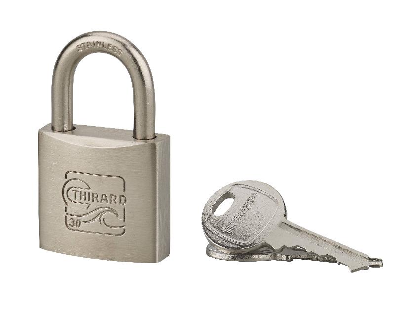 Cadenas à clé Blue Adventure 30 mm - Corps et anse inox - Mécanisme à goupilles - Double verrouillage - Marque Thirard_0
