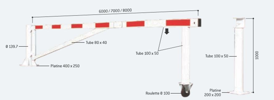 Barrière tournante exceptionnelle de très grande longueur : 6 ou 7 ou 8 m avec un support roulette_0
