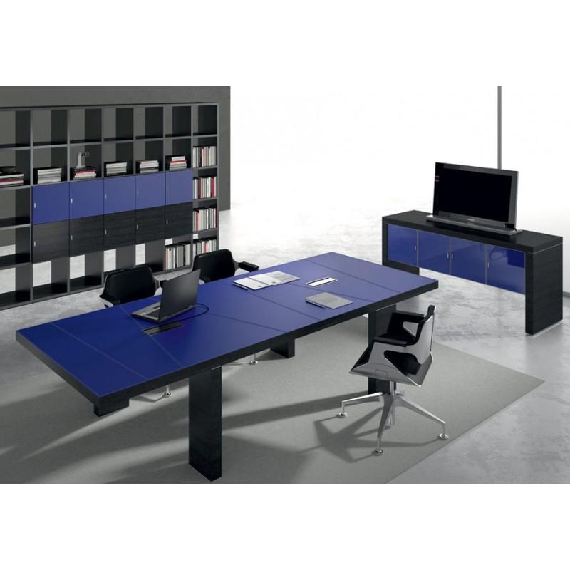 Bureau de direction Titano cuir bleu - design haut de gamme avec piétements asymétriques et surpiqûres trapézoïdales_0