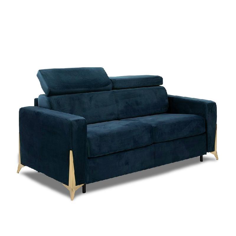 CANAPÉ EXPRESS ODACIO CONVERTIBLE SOMMIER LATTES 140CM TÊTIÈRES RÉGLABLES MATELAS 16CM PIEDS DORÉS VELOURS BLEU NUIT_0