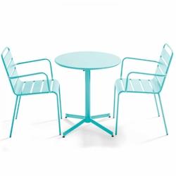 Oviala Business Ensemble table de jardin et 2 fauteuils métal turquoise - Oviala - bleu acier 109175_0