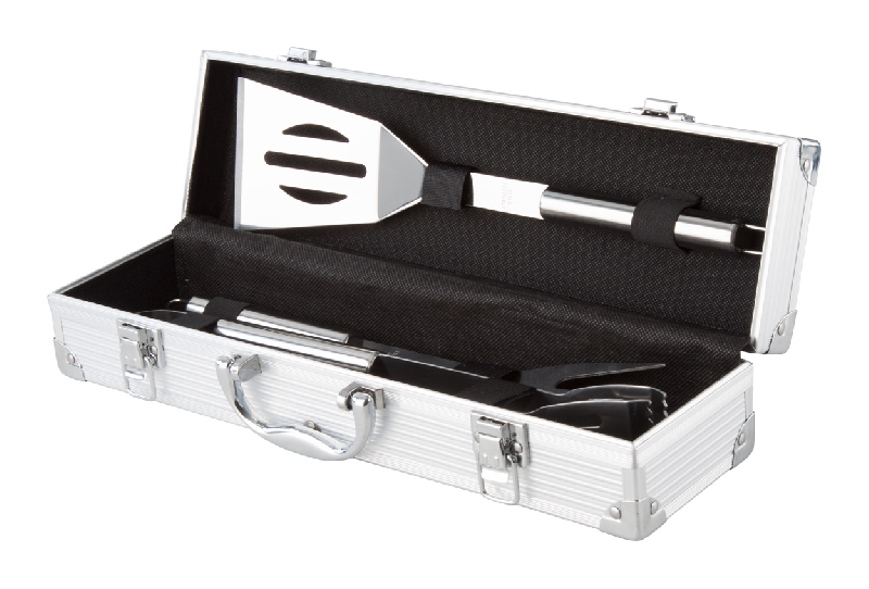 Set barbecue - 3 pièces en inox (fourchette, spatule, pince) - valise aluminium argenté - 875 gr_0