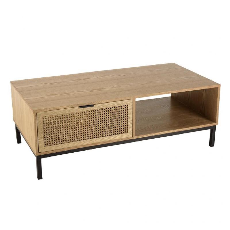 Table basse MARCI - 1 niche, 2 tiroirs avec cannage naturel et structure métal noir_0