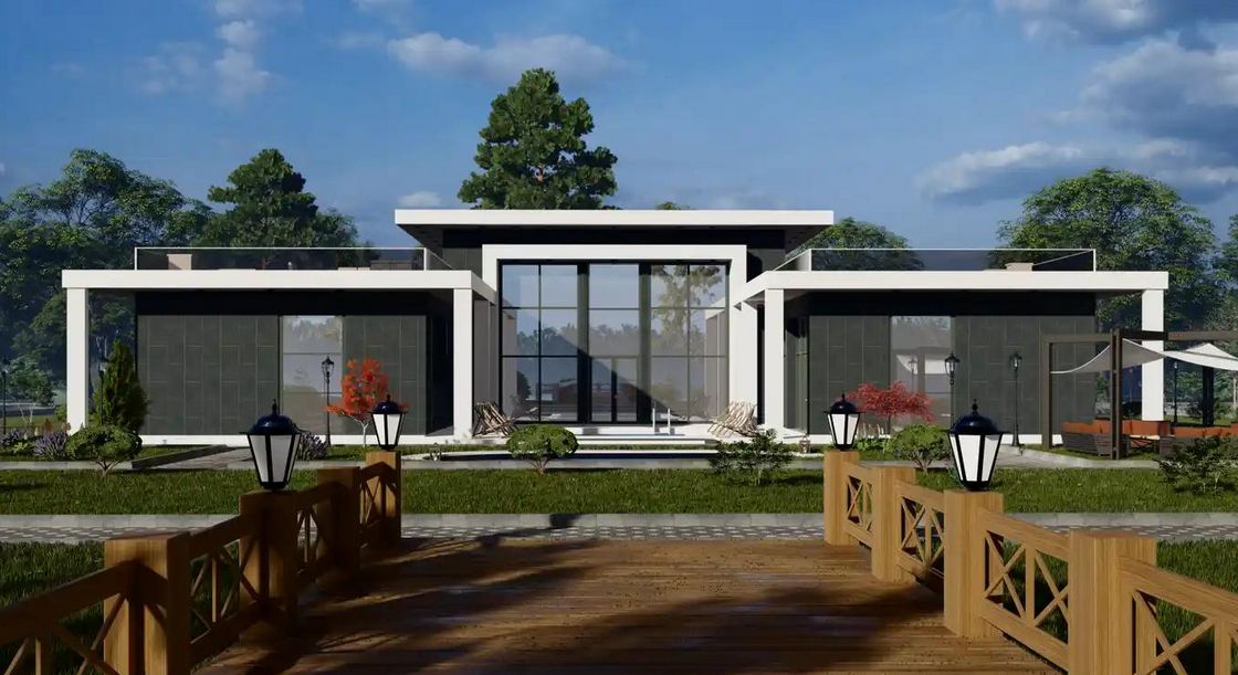 Maison préfabriquée en acier - 133 m² - ISK133 avec containers maritimes, béton et 4 chambres_0