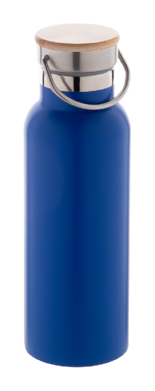 Thermos en inox à double paroi - 500 ml - Couvercle en bambou et accroche en métal - Couleur bleu_0