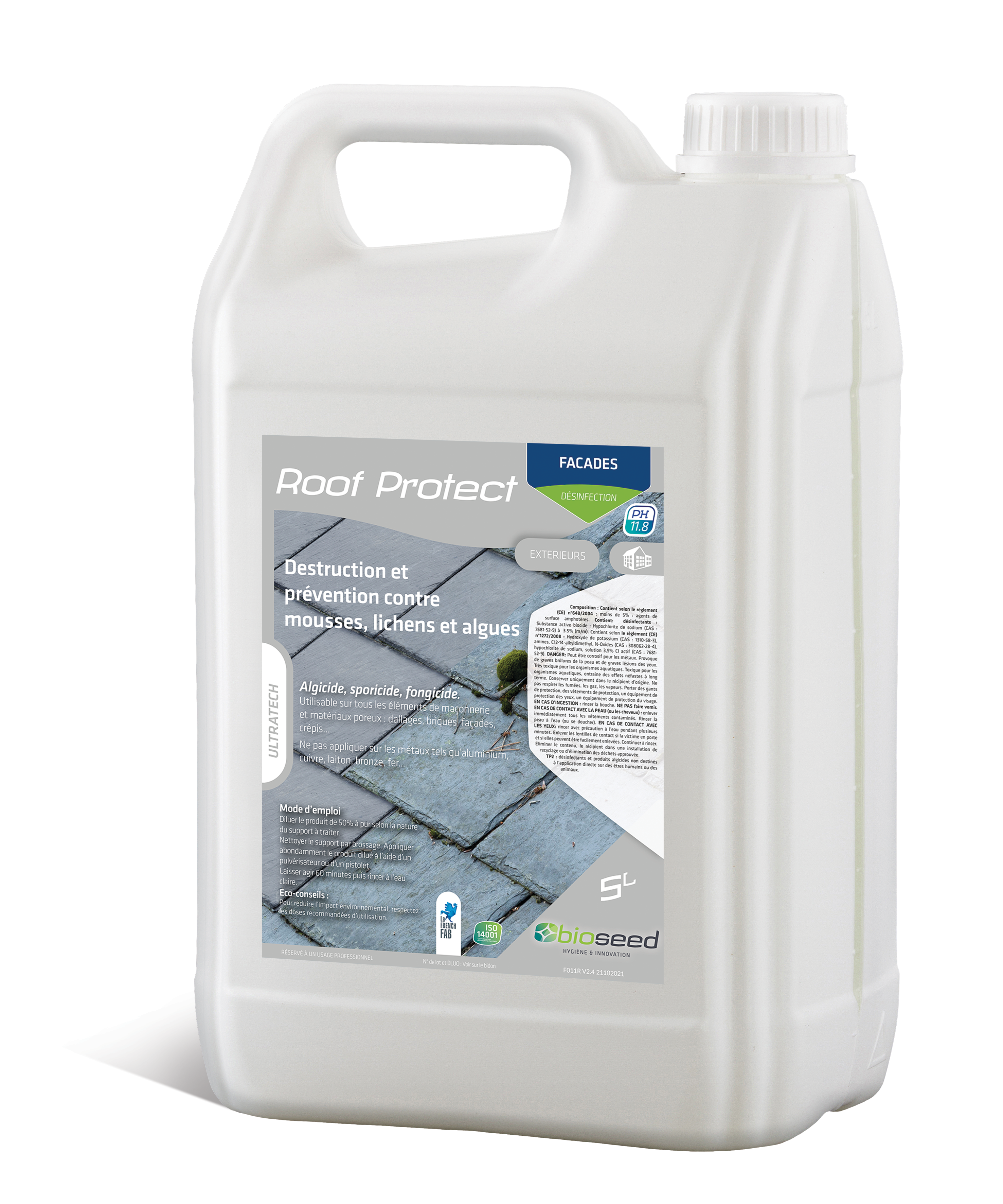 Désinfectant Roof Protect - Anti-lichens, anti-mousse, javellisé non parfumé - 5L - Réf F011_0