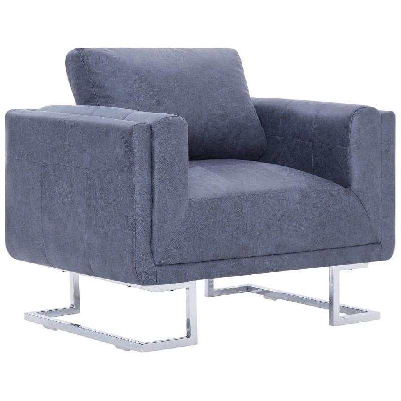 Fauteuil lounge design cube gris - revêtement synthétique daim, pieds chromés et coussin inclus_0