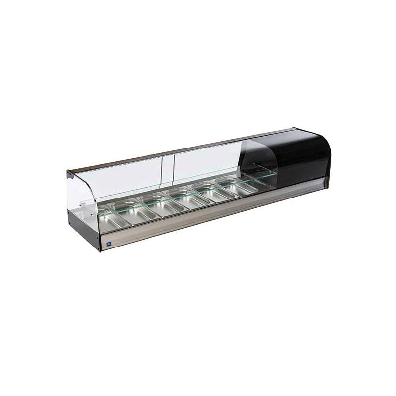 Presentoir réfrigérée pour tapas avec vitre curbe et 1 étagère en verre, 6x GN 1/3 h 40 mm 1566x410x330 mm - VIRTUS - 0645760384580_0
