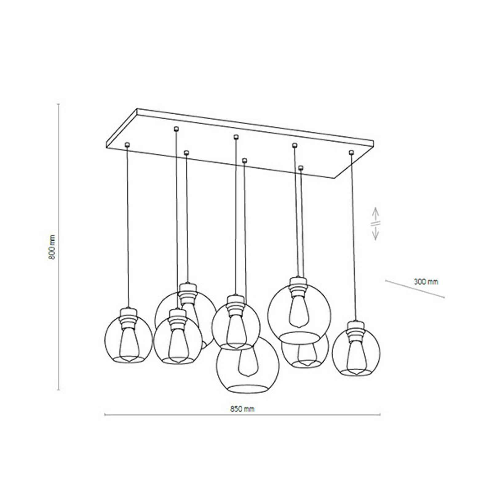 TK LIGHTING SUSPENSION CUBUS, 95 CM DE LONG, À 8 LAMPES, GRIS FUMÉ, VERRE