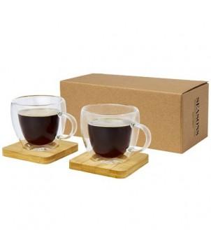TASSE MANTI 2 PIÈCES EN VERRE À DOUBLE PAROI DE 100 ML AVEC SOUS-VERRE EN BAMBOU - NATUREL - GOBELETS ET MUGS PERSONNALISÉS