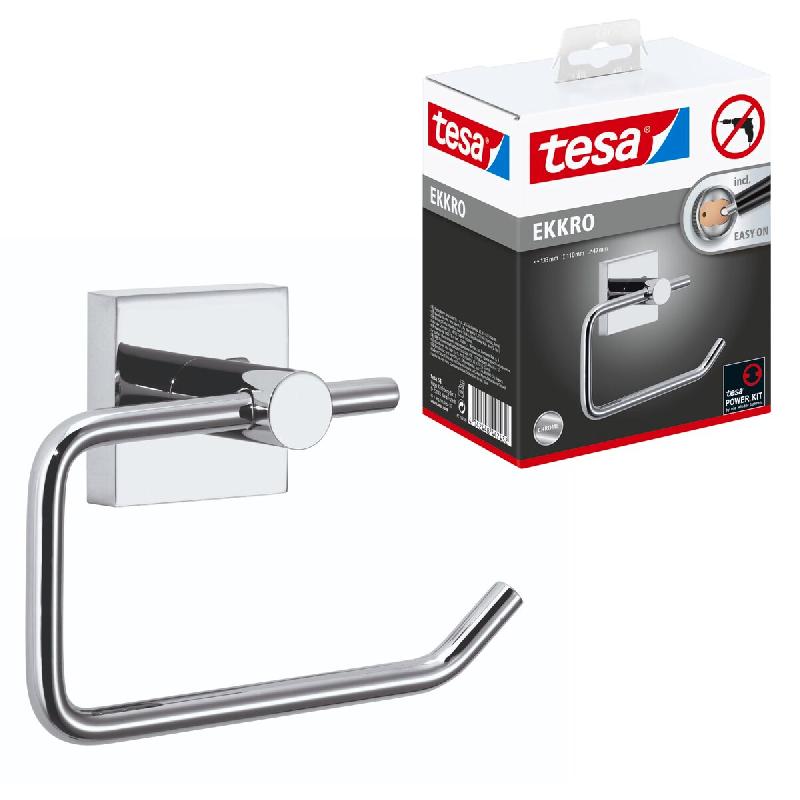 Tesa Ekkro Dérouleur Papier Toilette, finition brillante Métal Chromé, adhésif, technologie sans Percer, 53 mm x 140 mm x 99 mm - argenté métal_0