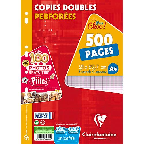 COPIES DOUBLES PERFORÉES PETITS CARREAUX CLAIREFONTAINE A4 500 PAGES 250 FEUILLES