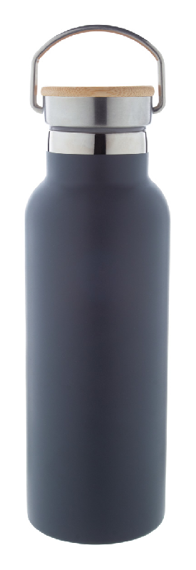 Thermos en inox à double paroi - 500 ml - Couvercle en bambou et accroche en métal - Gris foncé_0