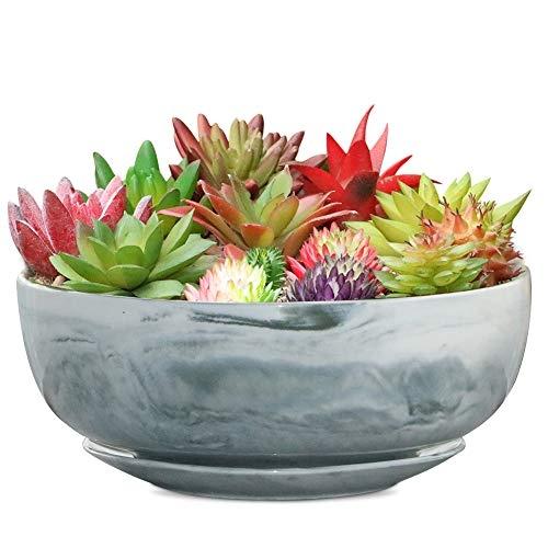 Grand pot de fleurs rond en marbre - 20,3 cm - Intérieur & extérieur - Trou de drainage et plateau_0