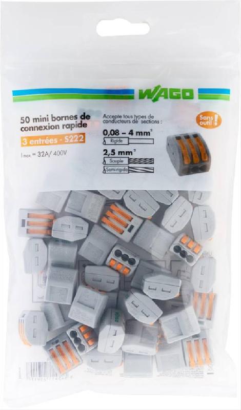 Lot de 50 bornes automatiques à levier WAGO S222 - 3 fils rigides et souples, 2,5 mm²_0