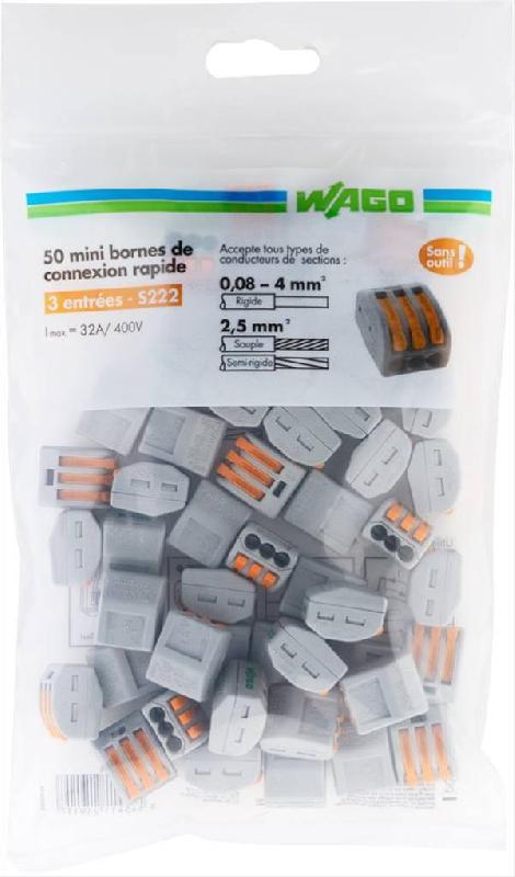 Lot de 50 bornes automatiques à levier, 2,5 mm² pour rigide et souple WAGO_0