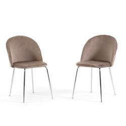 RATTATAN Lot de 2 chaises en velours avec pieds en métal, design élégant pour cuisine, salle à manger, bar ou restaurant – Sara – Taupe/Argent_0