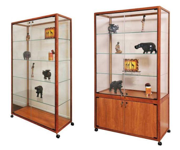 Vitrine d'exposition mobile sur roulettes - Aluminium merisier - 2 versions : avec ou sans meuble de rangement_0