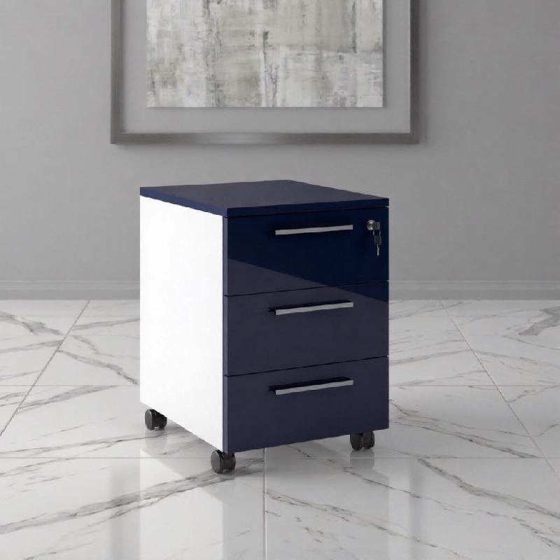 Caisson mobile 3 tiroirs blanc bicolore - Ofitres - Blanc pastel, Bleu marine brillant_0