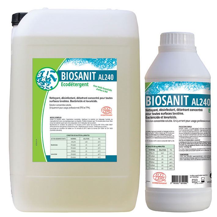 Détergent, désinfectant, détartrant Biosanit AL240 - concentré à base d'acide lactique - 98,7% d'ingrédients d'origine végétale et minérale_0