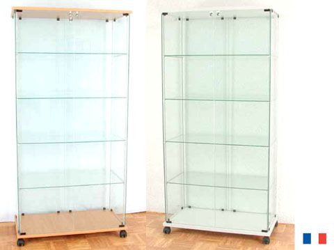 Vitrine haute rectangulaire en verre trempé, tablettes réglables, serrures